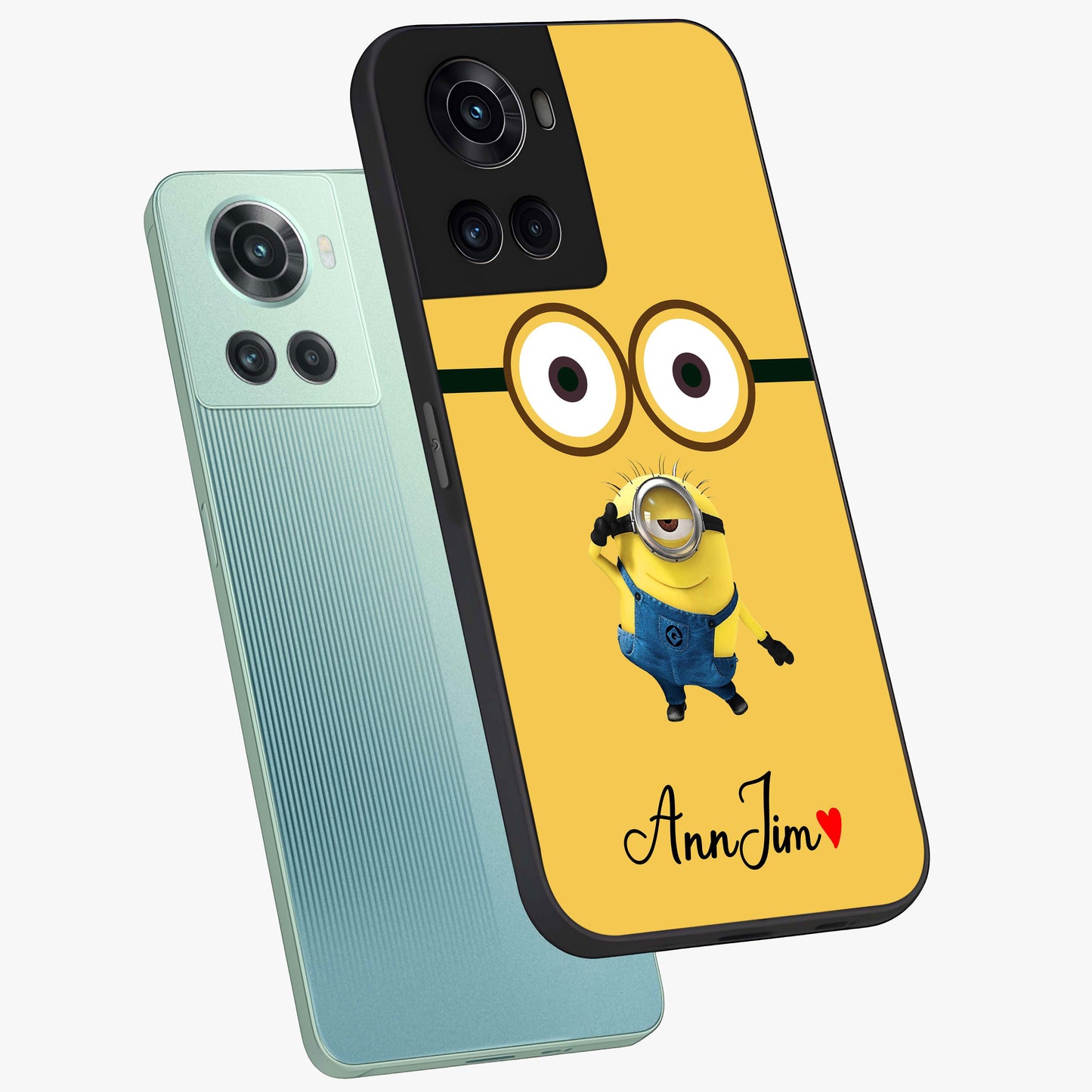 Minion Custom Name Glass Case for 1+10R angled mockup showcasing glossy finish and vibrant character detailing