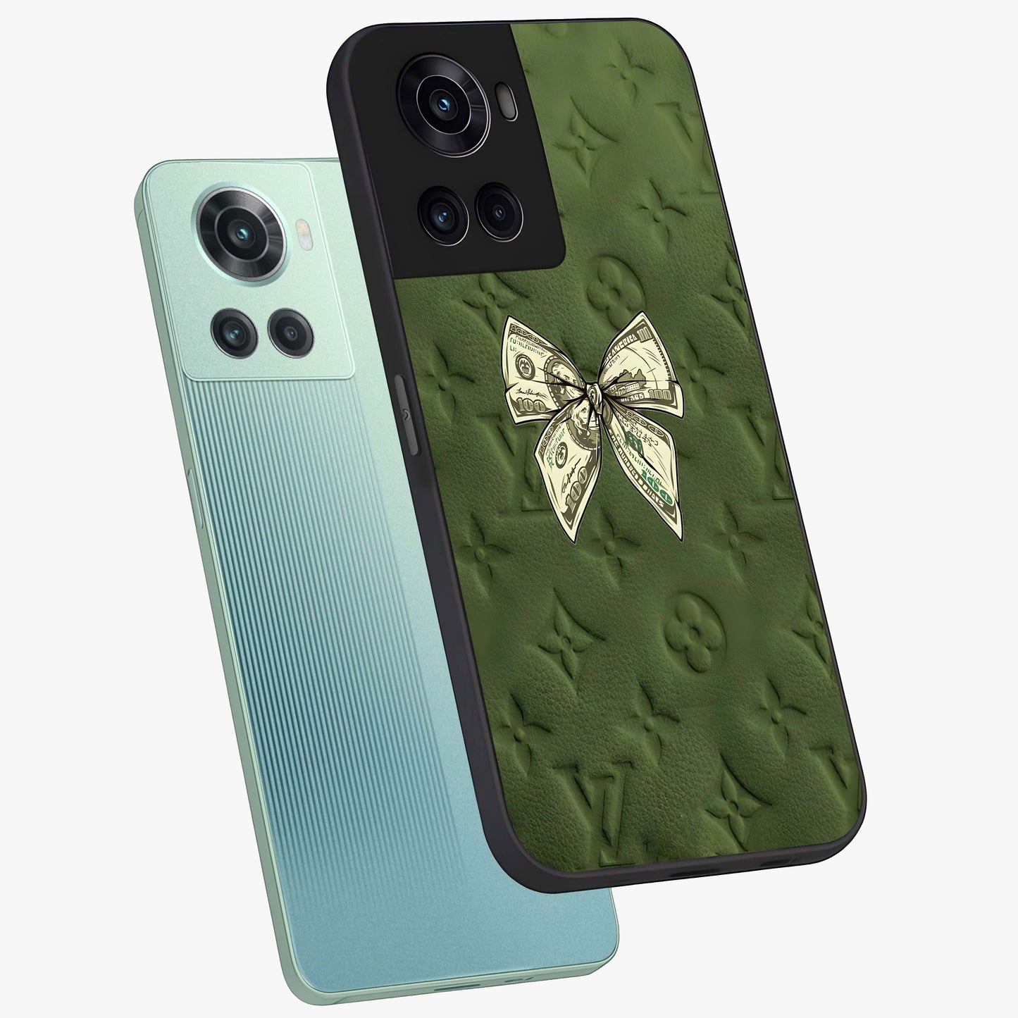 Money Bow Lv Glass Case for 1+10R angled mockup showcasing glossy finish and premium aesthetic detailing