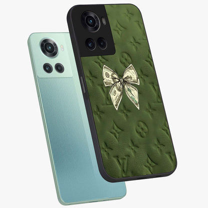 Money Bow Lv Glass Case for 1+10R angled mockup showcasing glossy finish and premium aesthetic detailing