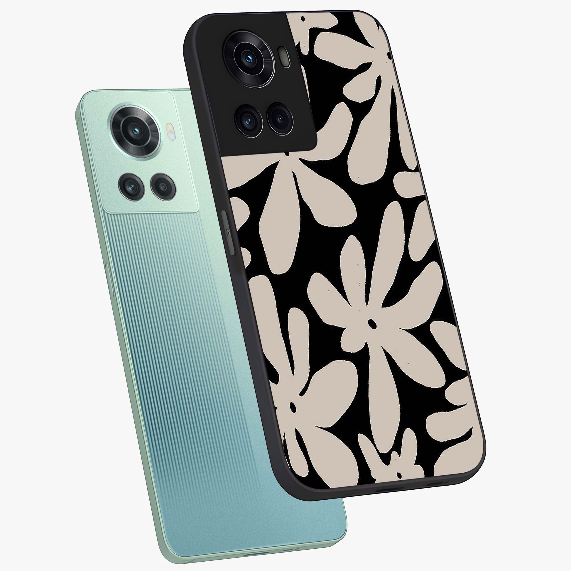 Monochrome Petal Dance Glass Case for 1+10R angled mockup showcasing glossy finish and elegant contrast detailing