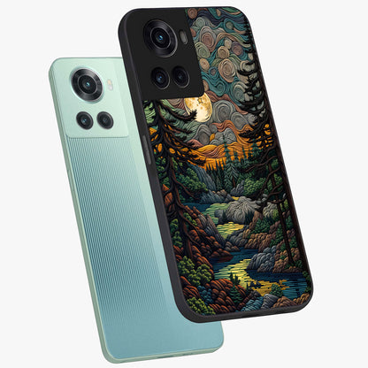Moonlight Forest Dream Glass Case for 1+10R angled mockup showcasing glossy finish and deep night gradients