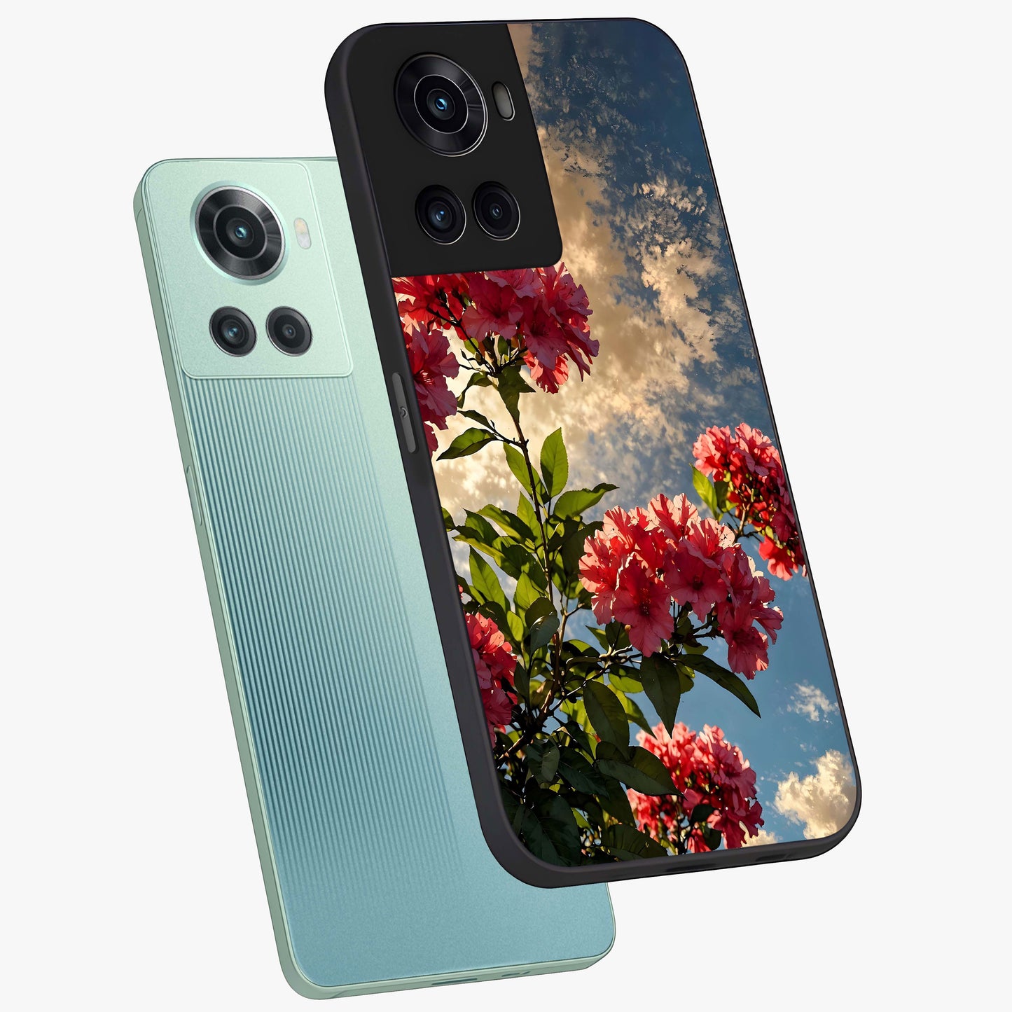Moonlit Blossom Charm Glass Case for 1+10R angled mockup showcasing glossy glass finish and delicate bloom detailing