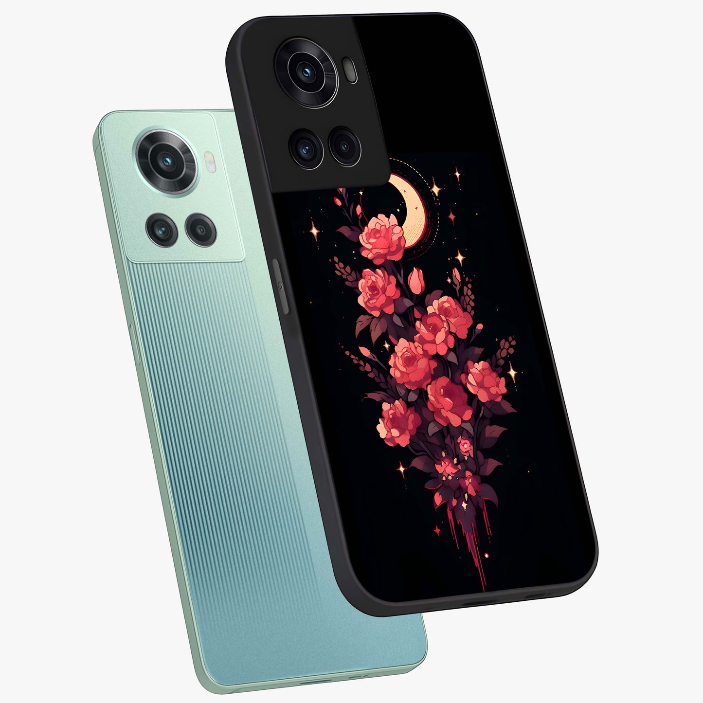 Moonlit Floral Elegance Glass Case for 1+10R angled mockup showcasing glossy finish and rich night tones