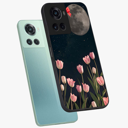 Moonlit Night Tulip Glass Case for 1+10R angled mockup showcasing glossy finish and soft luminous accents