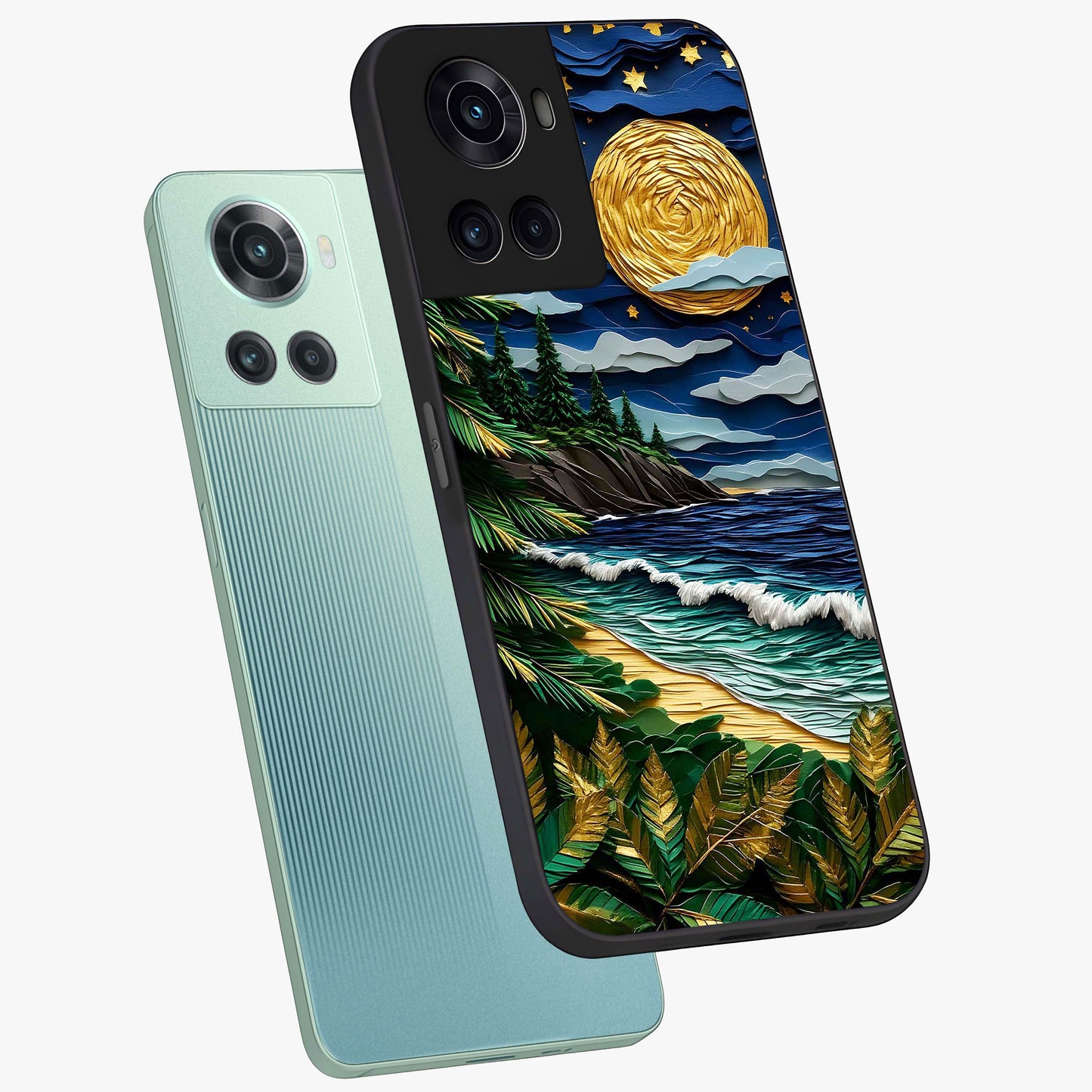 Moonlit Ocean Pines Glass Case for 1+10R angled mockup showcasing glossy finish and deep blue gradients