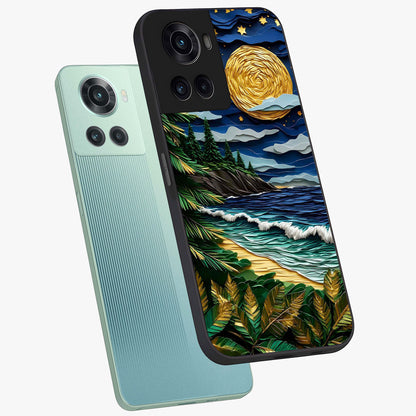 Moonlit Ocean Pines Glass Case for 1+10R angled mockup showcasing glossy finish and deep blue gradients