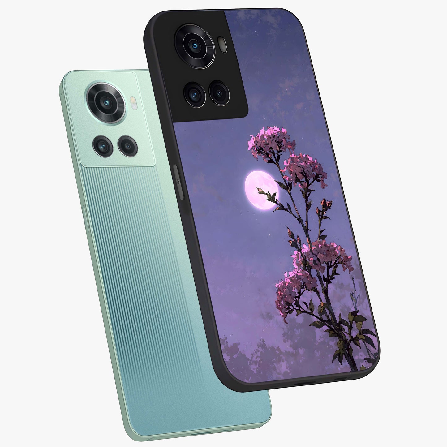 Moonlit Petal Night Glass Case for 1+10R angled mockup showcasing glossy finish and subtle moonlight detailing