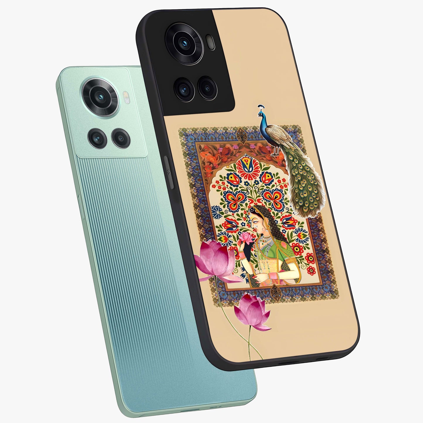 Mughal Princess and Peacock Glass Case for 1+10R angled mockup showcasing glossy finish and rich heritage tones