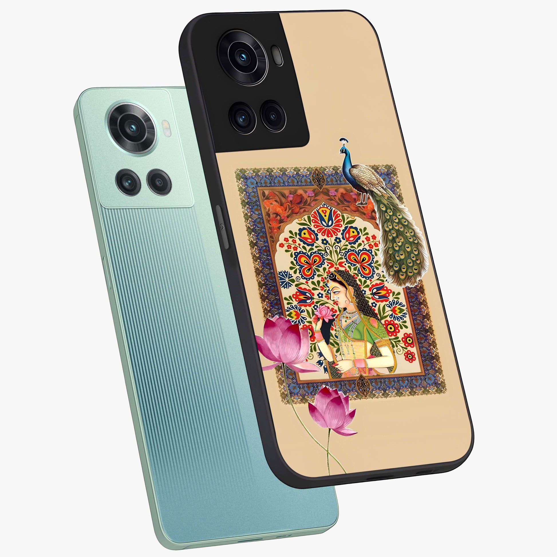 Mughal Princess and Peacock Glass Case for 1+10R angled mockup showcasing glossy finish and rich heritage tones