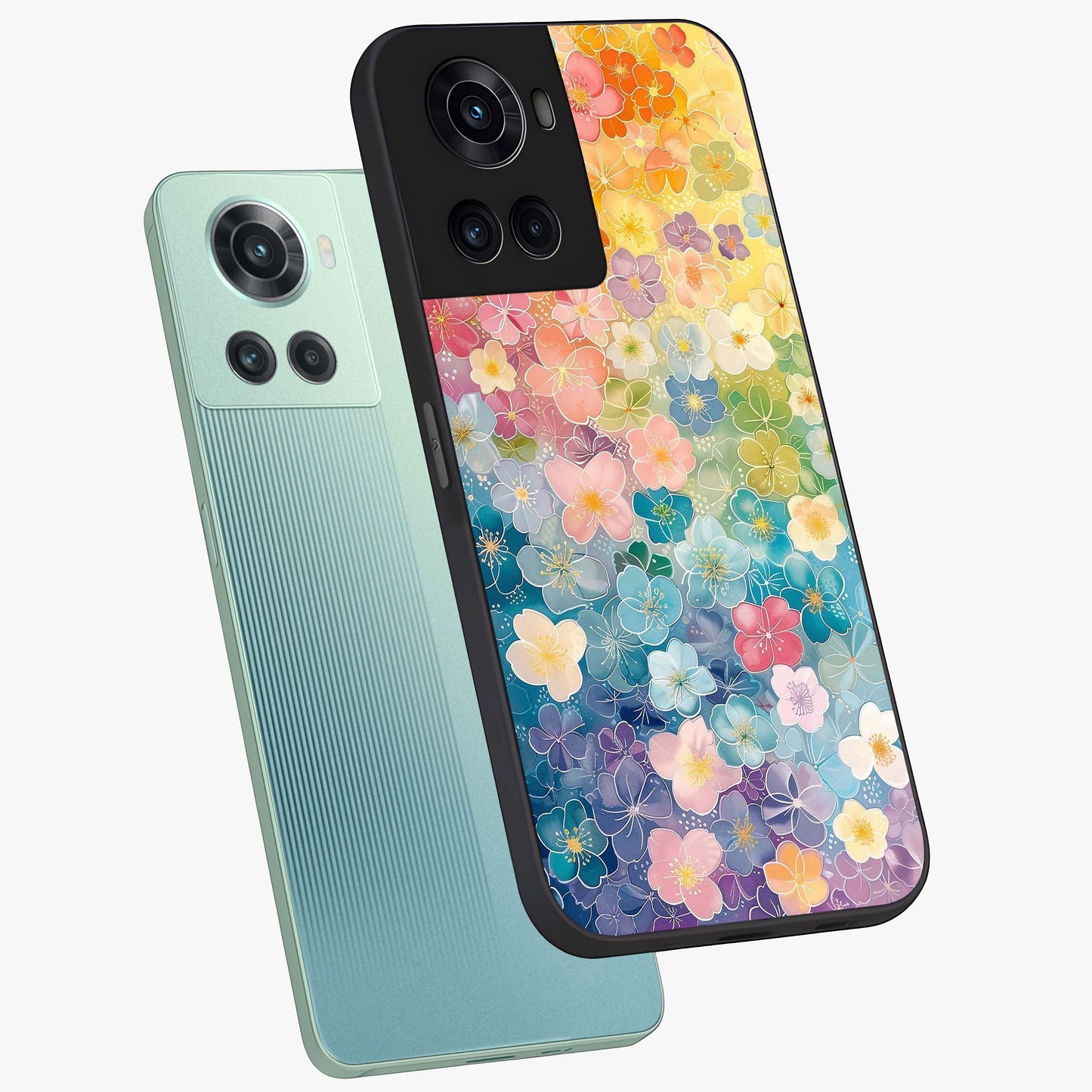 Multiple Background With Flower Glass Case for 1+10R angled mockup showcasing glossy glass finish and colorful detailing