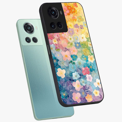 Multiple Background With Flower Glass Case for 1+10R angled mockup showcasing glossy glass finish and colorful detailing