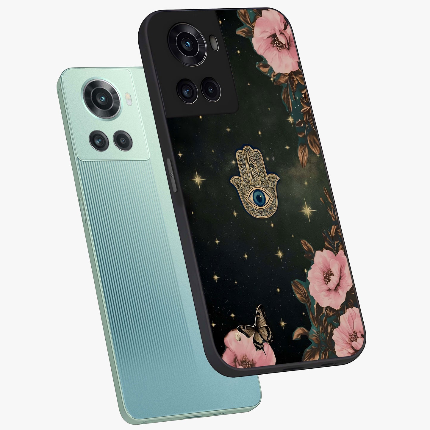 Mystic Bloom Protection Glass Case for 1+10R angled mockup showcasing glossy finish and vibrant spiritual tones