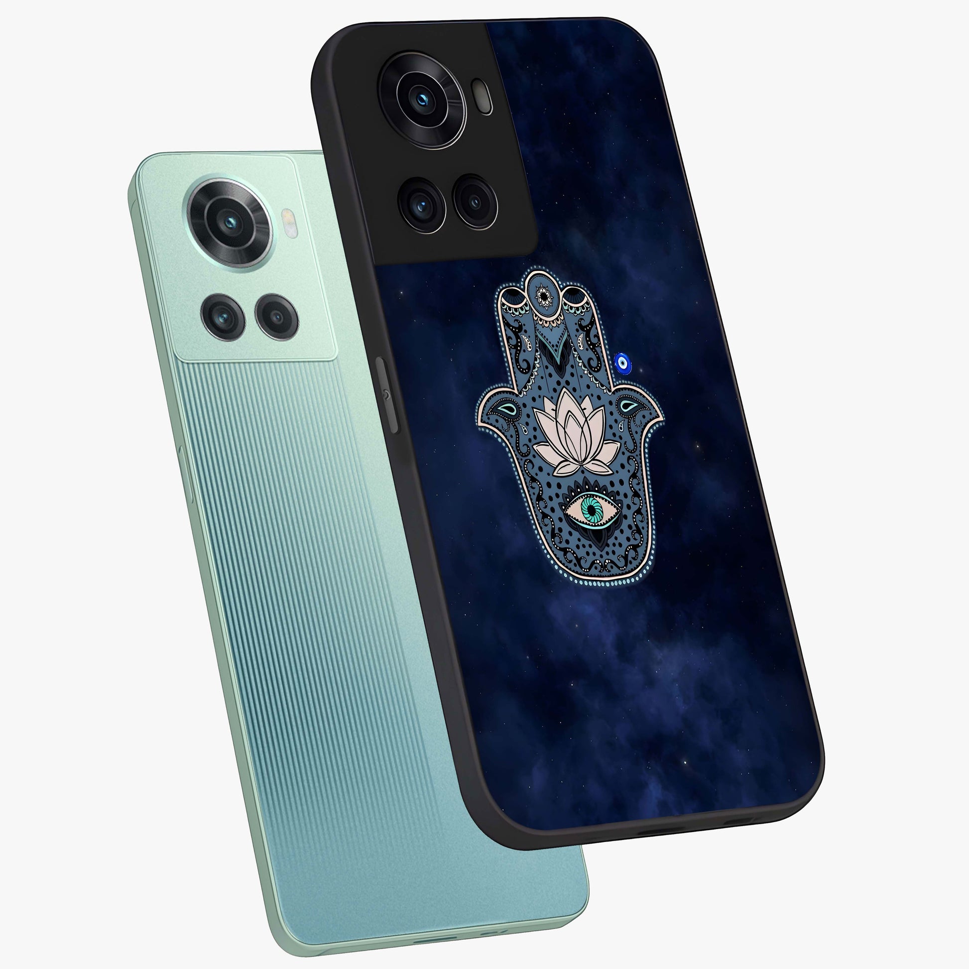 Mystic Calm Shield Glass Case for 1+10R angled mockup showcasing glossy finish and subtle mystical detailing