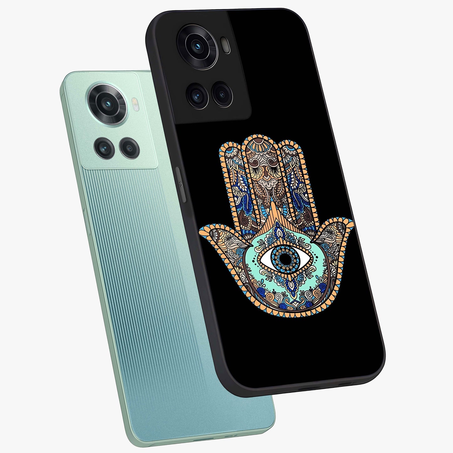 Mystic Hamsa Eye Glass Case for 1+10R angled mockup showcasing glossy finish and protective design elements