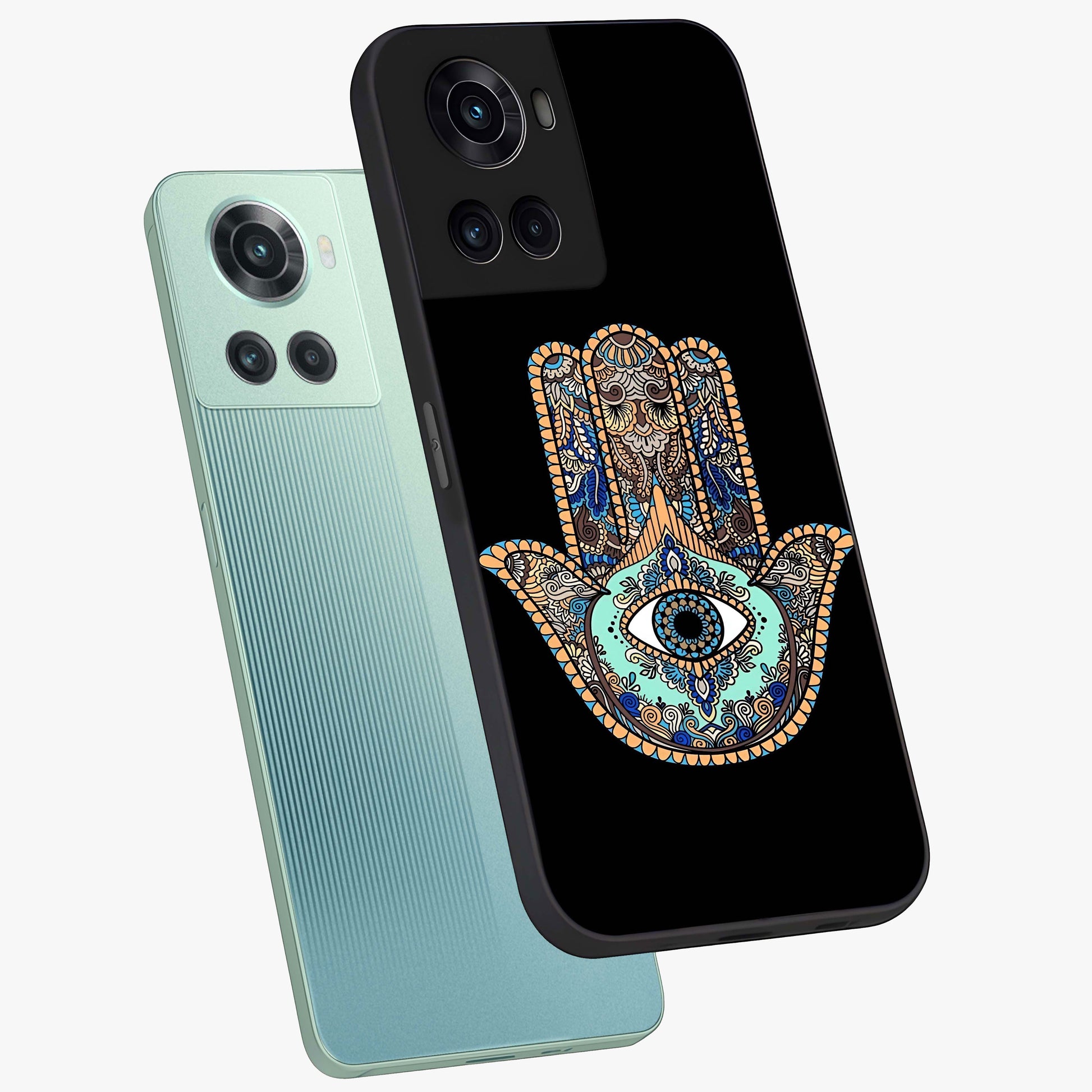 Mystic Hamsa Eye Glass Case for 1+10R angled mockup showcasing glossy finish and protective design elements