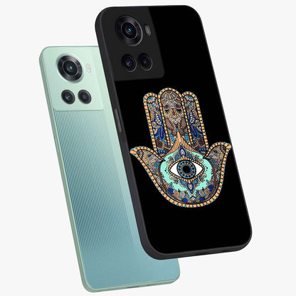Mystic Hamsa Eye Glass Case for 1+10R angled mockup showcasing glossy finish and protective design elements