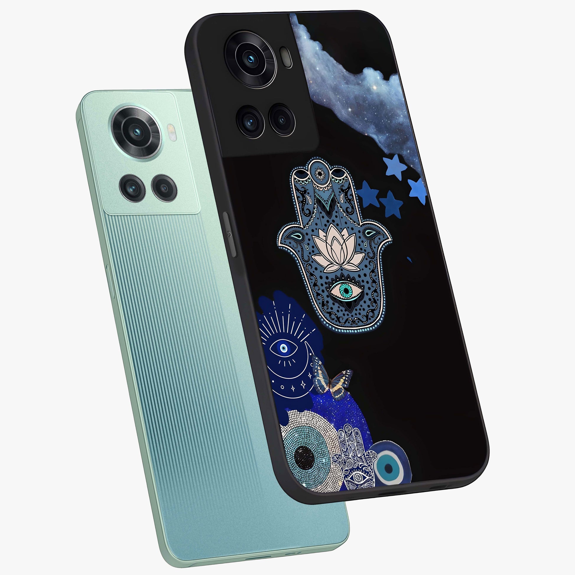Mystic Hand Aura Glass Case for 1+10R angled mockup showcasing glossy finish and radiant mystical detailing