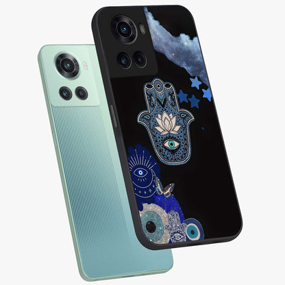 Mystic Hand Aura Glass Case for 1+10R angled mockup showcasing glossy finish and radiant mystical detailing