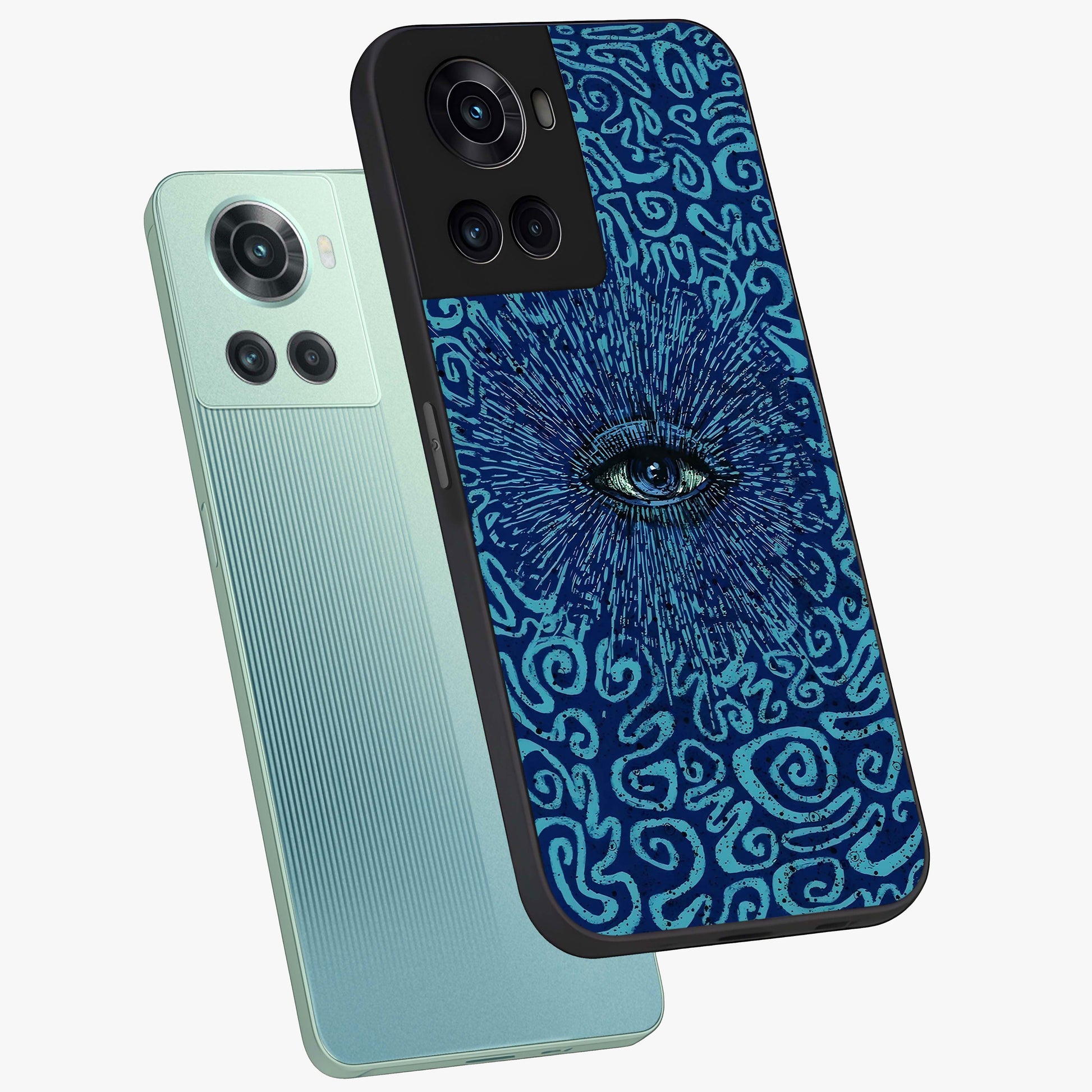 Mystic Inner Eye Glass Case for 1+10R angled mockup showcasing glossy finish and deep cosmic gradients