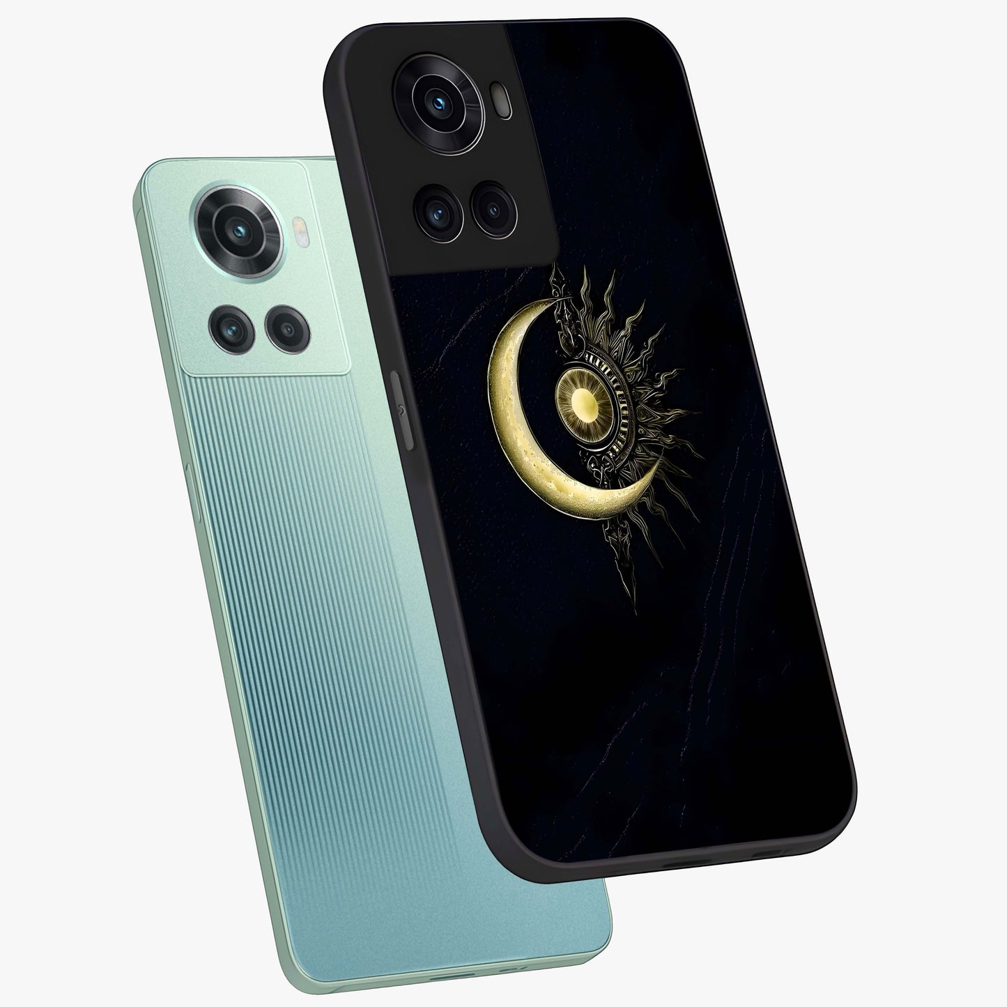 Mystic Lunar Flame Glass Case for 1+10R angled mockup showcasing glossy finish and glowing night tones