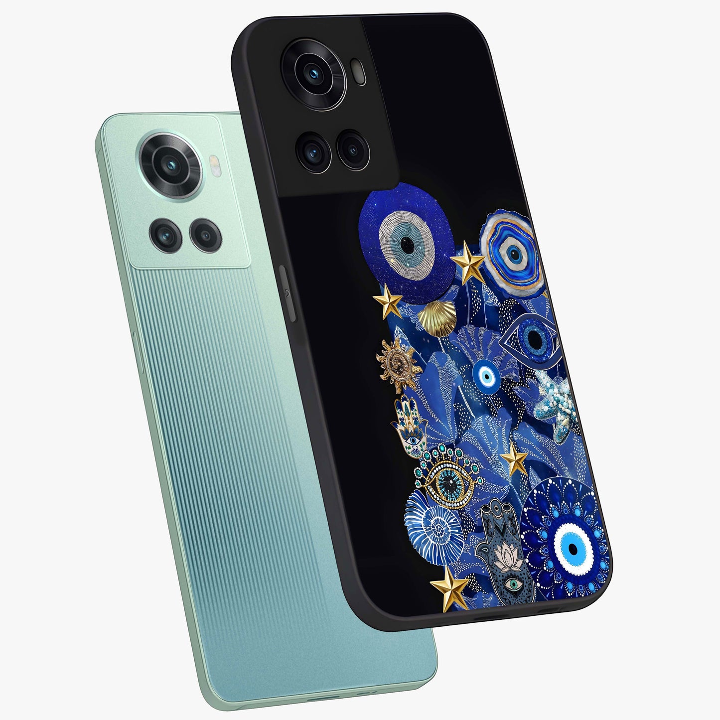 Mystic Ocean Eye Glass Case for 1+10R angled mockup showcasing glossy finish and fluid wave detailing