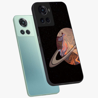 Mystic Saturn Aesthetic Glass Case for 1+10R angled mockup showcasing glossy finish and deep space gradients