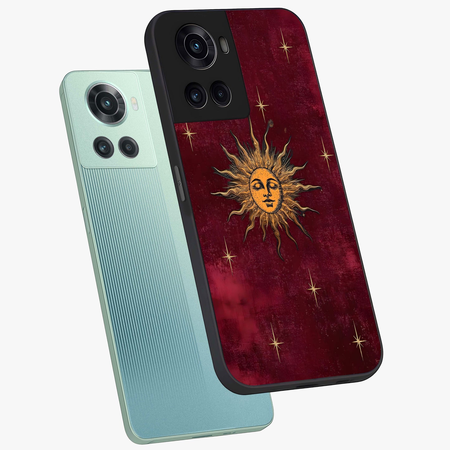 Mystic Solar Glow Glass Case for 1+10R angled mockup showcasing glossy glass finish and warm golden tones