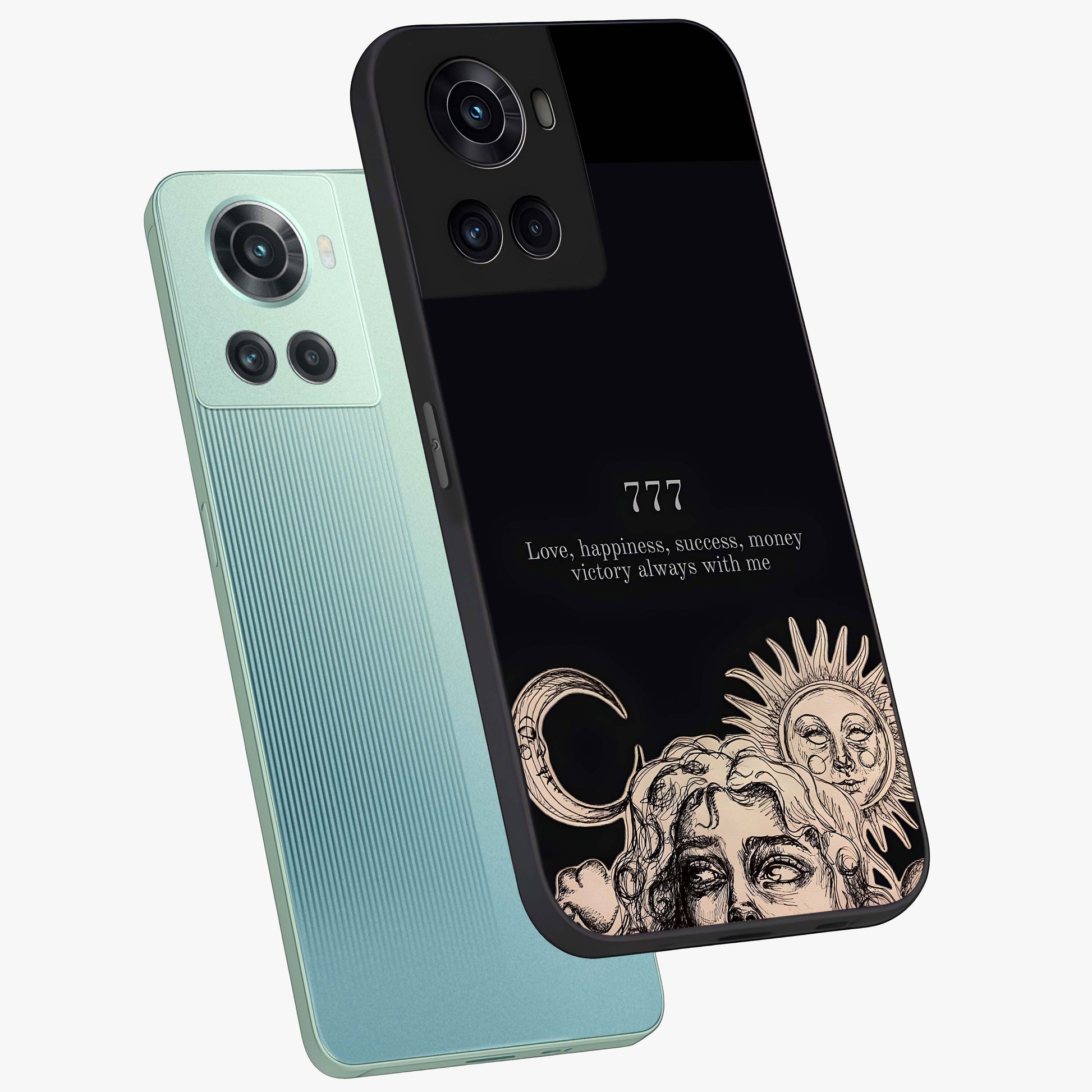 Mystic Victory Aura Glass Case for 1+10R angled mockup showcasing glossy finish and vibrant mystical gradients