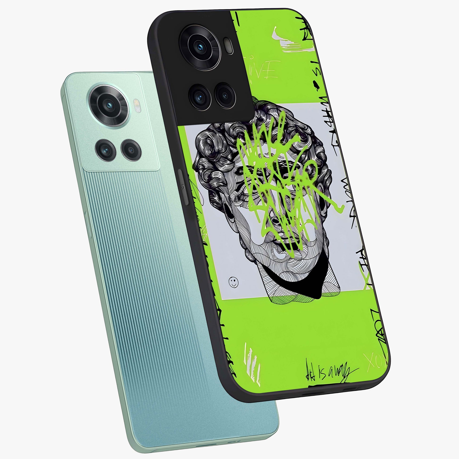 Neo Graffiti Rebellion Glass Case for 1+10R angled mockup showcasing glossy finish and urban neon detailing