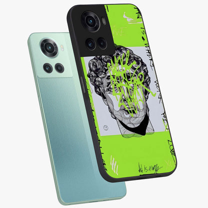 Neo Graffiti Rebellion Glass Case for 1+10R angled mockup showcasing glossy finish and urban neon detailing