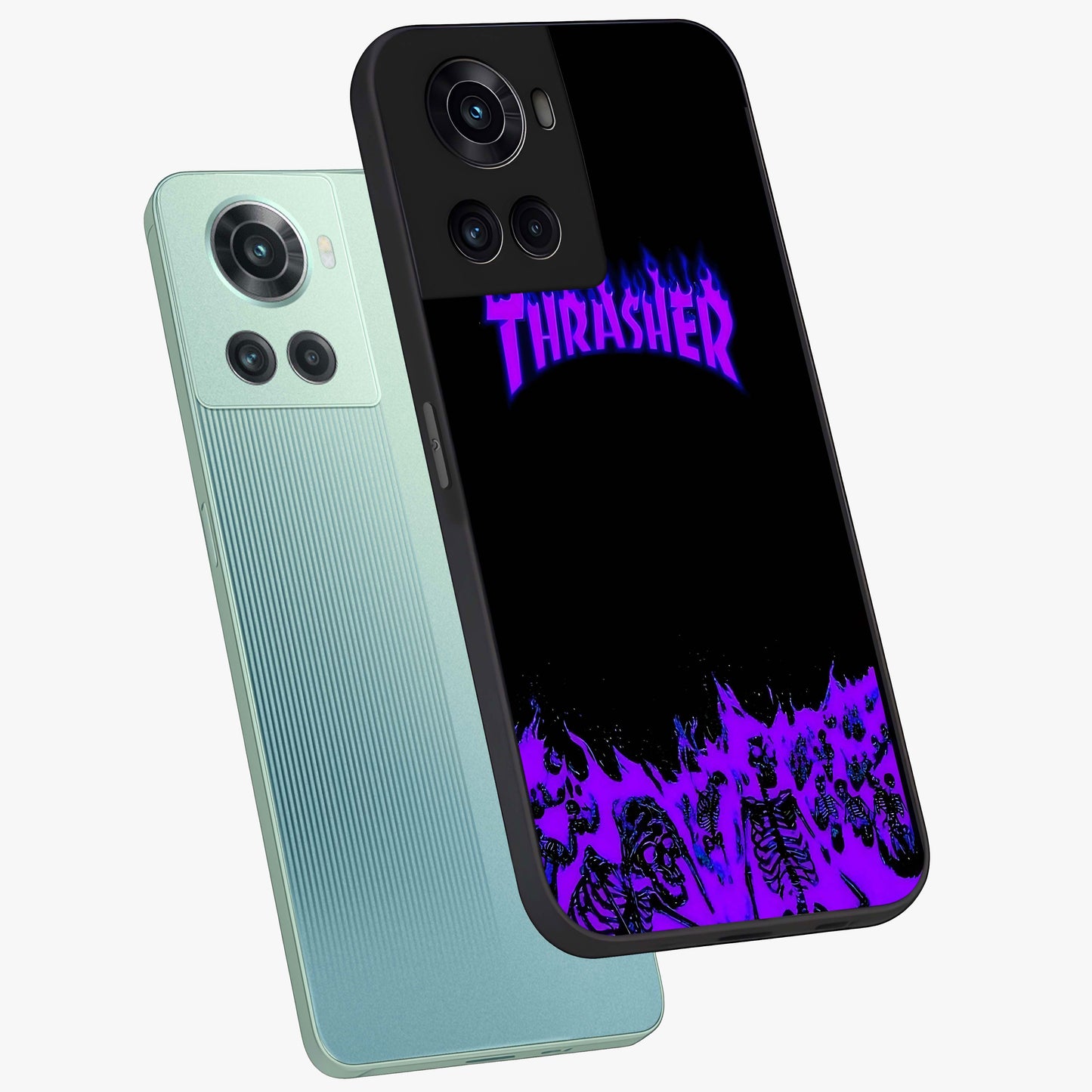 Neon Flame Riot Glass Case for 1+10R angled mockup showcasing glossy finish and high contrast colors