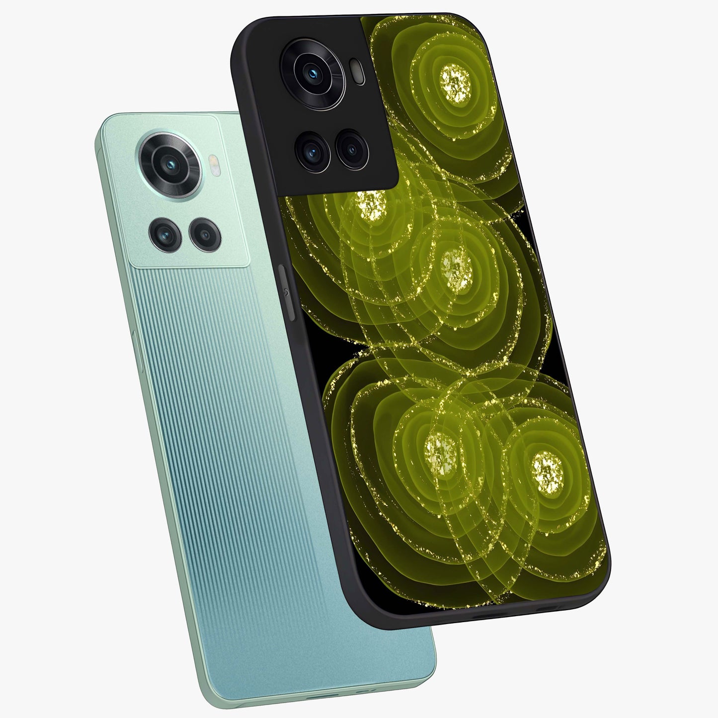 Neon Orbit Bloom Marble Glass Case for 1+10R angled mockup showcasing glossy finish and vibrant bloom detailing