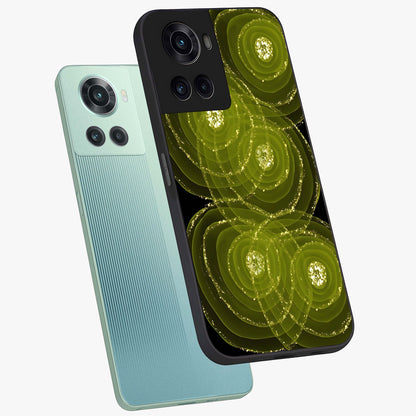 Neon Orbit Bloom Marble Glass Case for 1+10R angled mockup showcasing glossy finish and vibrant bloom detailing