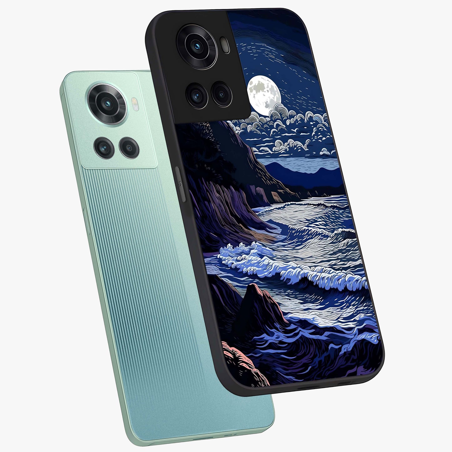 Night Moon Scenery Pattern Glass Case for 1+10R angled mockup showcasing glossy finish and deep night tones