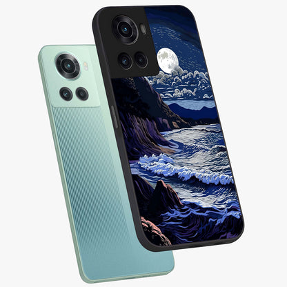 Night Moon Scenery Pattern Glass Case for 1+10R angled mockup showcasing glossy finish and deep night tones