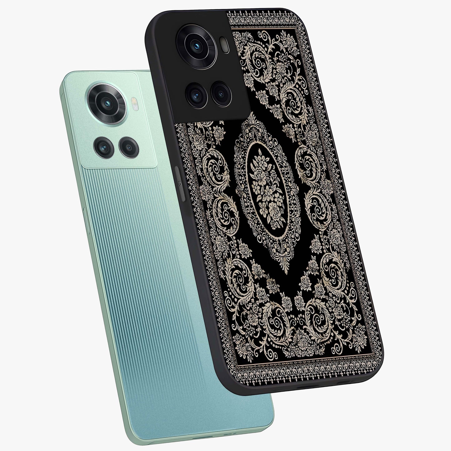 Noir Bloom Elegance Glass Case for 1+10R angled mockup showcasing glossy finish and refined bloom detailing
