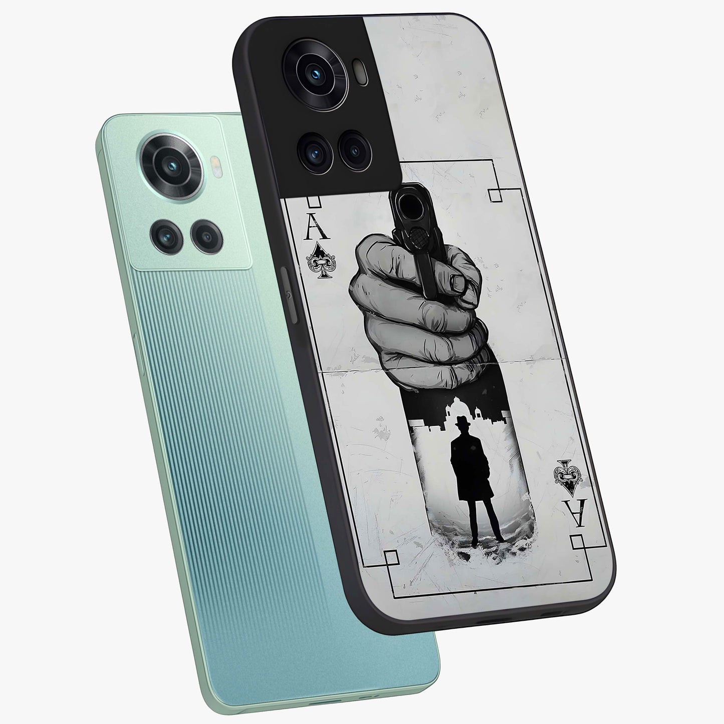 Noir Trigger Fate Glass Case for 1+10R angled mockup showcasing glossy finish and intense shadow detailing