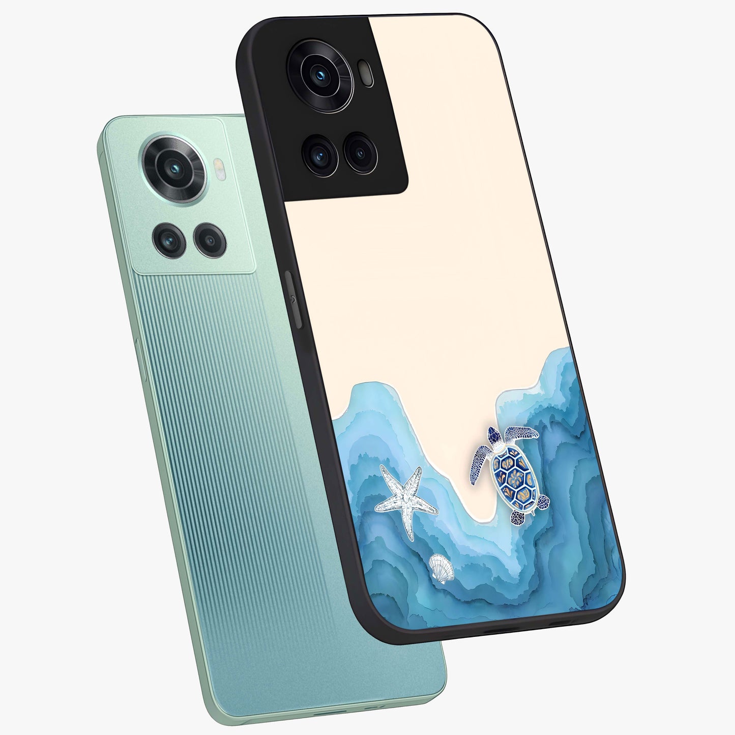 Ocean Drift Turtle Glass Case for 1+10R angled mockup showcasing glossy glass finish and fluid wave detailing