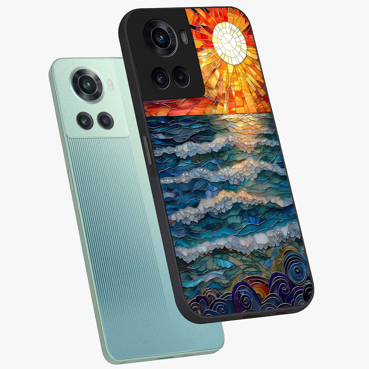 Oceanic Stained Printed Glass Case for 1+10R angled mockup showcasing glossy finish and rich aquatic tones