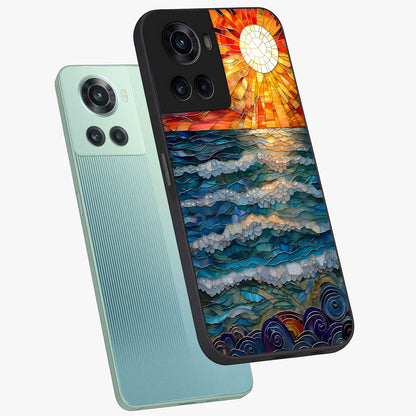 Oceanic Stained Printed Glass Case for 1+10R angled mockup showcasing glossy finish and rich aquatic tones