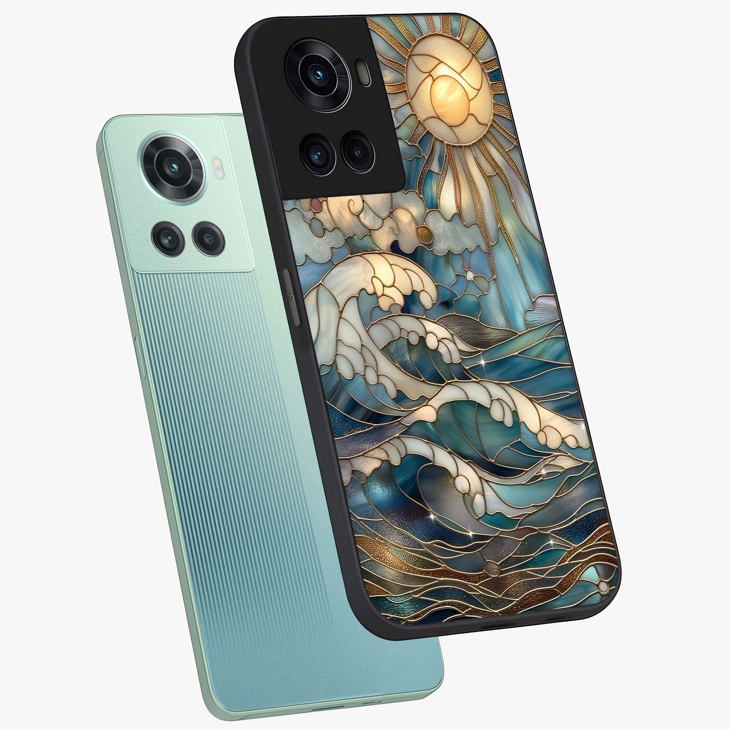 Ocean Mosaic Art Glass Case for 1+10R angled mockup showcasing glossy finish and vibrant blue detailing