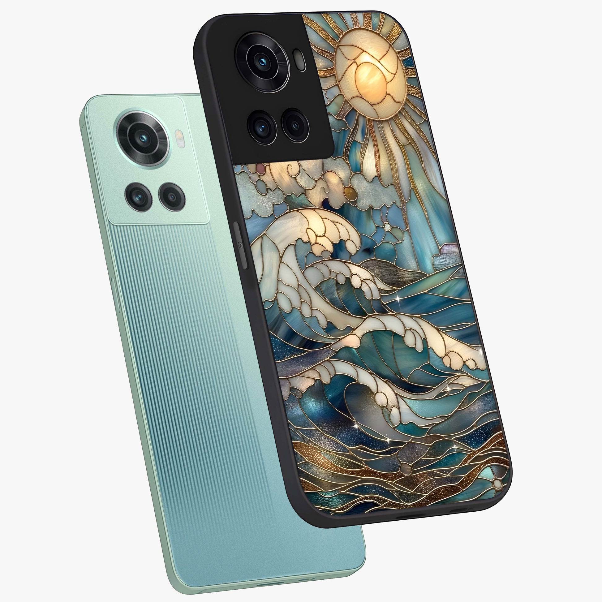 Ocean Mosaic Art Glass Case for 1+10R angled mockup showcasing glossy finish and vibrant blue detailing