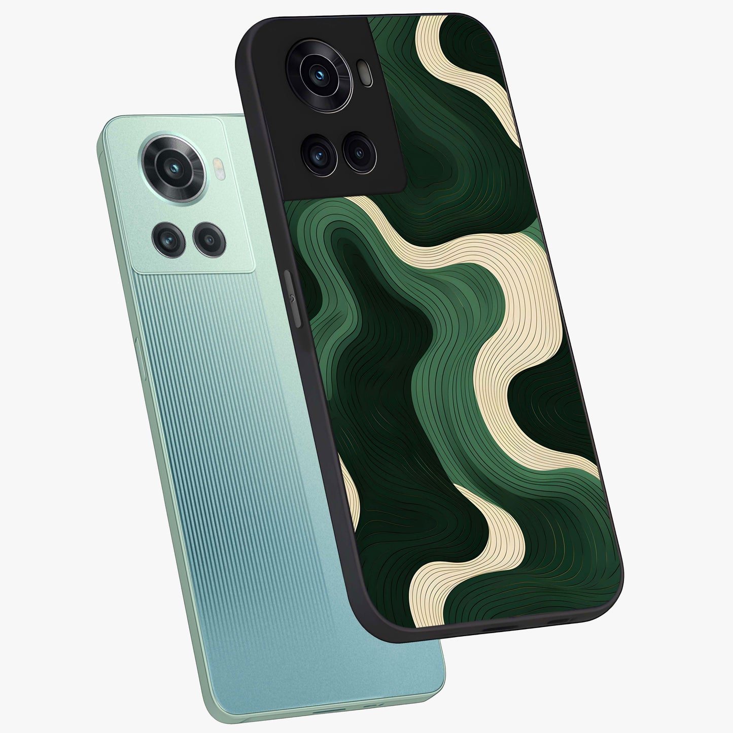 Organic Swirl Design Glass Case for 1+10R angled mockup showcasing glossy finish and smooth gradient tones