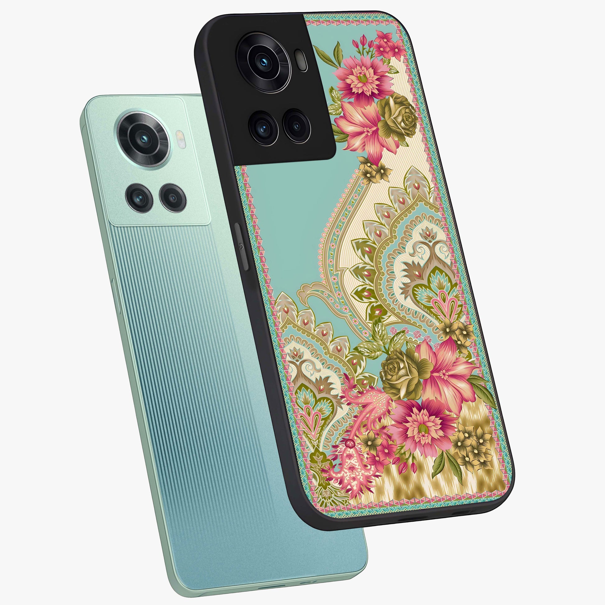 Ornate Mughal Floral Pattern Glass Case for 1+10R angled mockup showcasing glossy finish and rich heritage detailing
