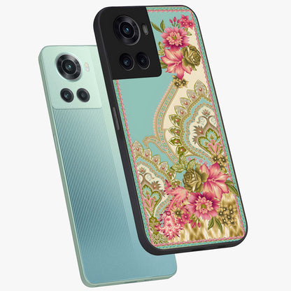 Ornate Mughal Floral Pattern Glass Case for 1+10R angled mockup showcasing glossy finish and rich heritage detailing