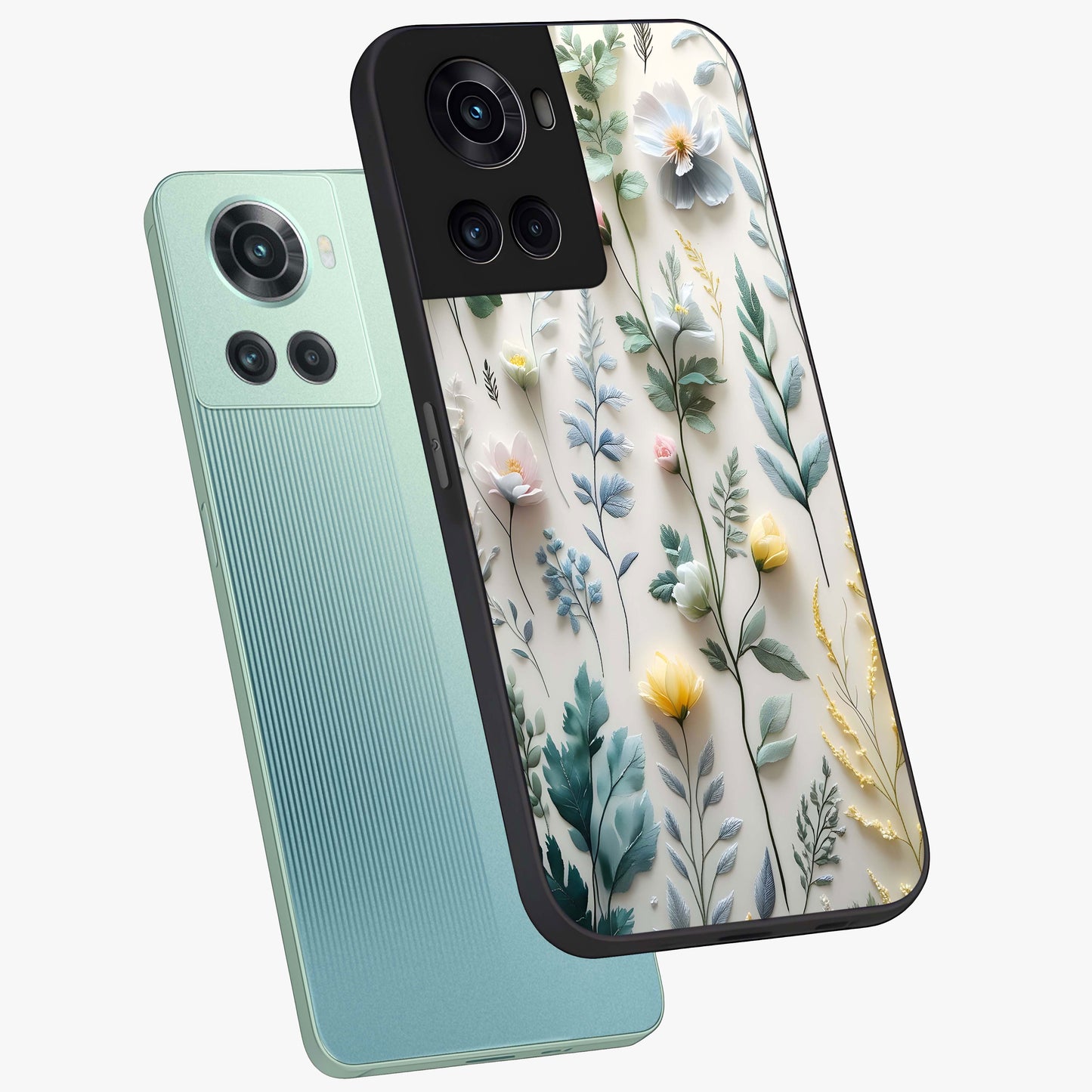 Pastel Garden Whispers Glass Case for 1+10R angled mockup showcasing glossy finish and gentle bloom tones