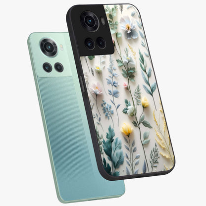 Pastel Garden Whispers Glass Case for 1+10R angled mockup showcasing glossy finish and gentle bloom tones