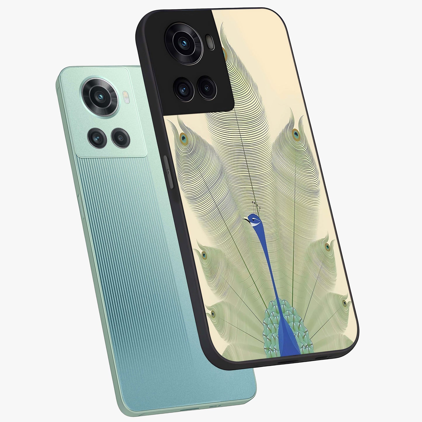 Peacock Feather Grace Glass Case for 1+10R angled mockup showcasing glossy glass finish and vibrant feather tones