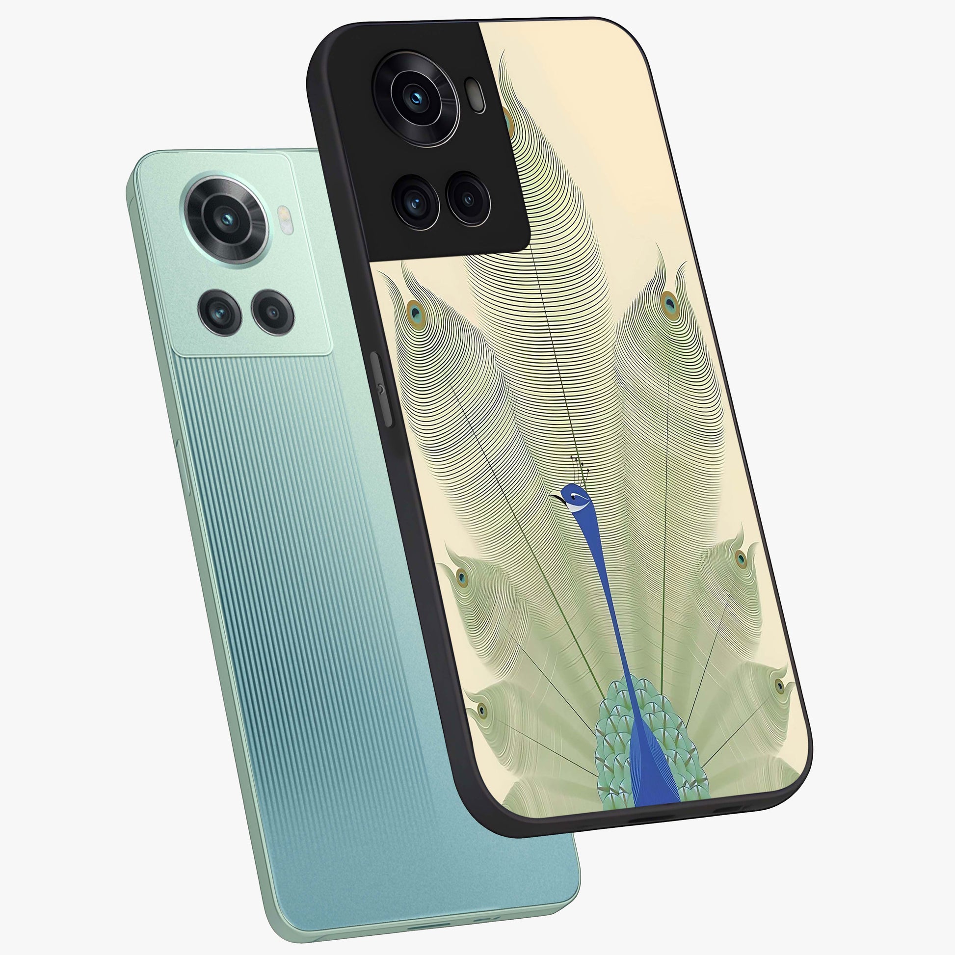 Peacock Feather Grace Glass Case for 1+10R angled mockup showcasing glossy glass finish and vibrant feather tones