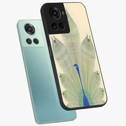 Peacock Feather Grace Glass Case for 1+10R angled mockup showcasing glossy glass finish and vibrant feather tones